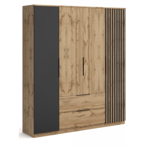 Szafa 4-drzwiowa z szufladami lamelami 196 cm KOSMO dąb wotan + czarny